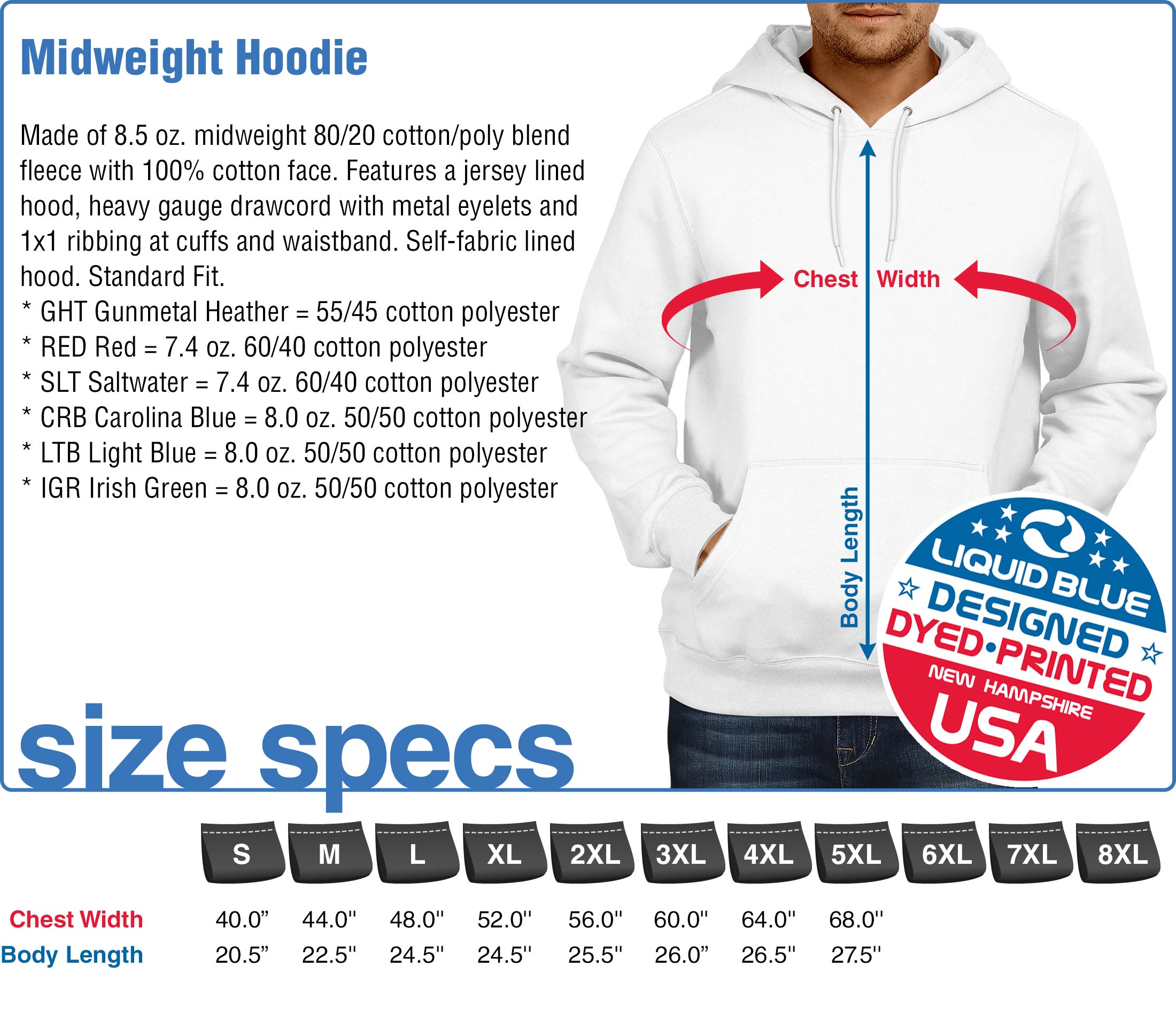 Midweight Hoodie Size Specifications