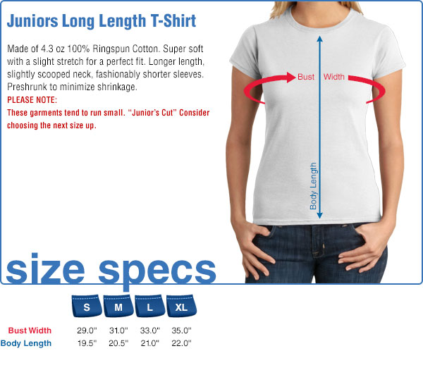 Juniors Long Length T-Shirt Size Specifications