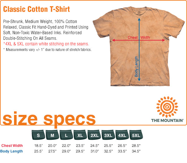 The Mountain Classic Cotton T-Shirt Size Specifications