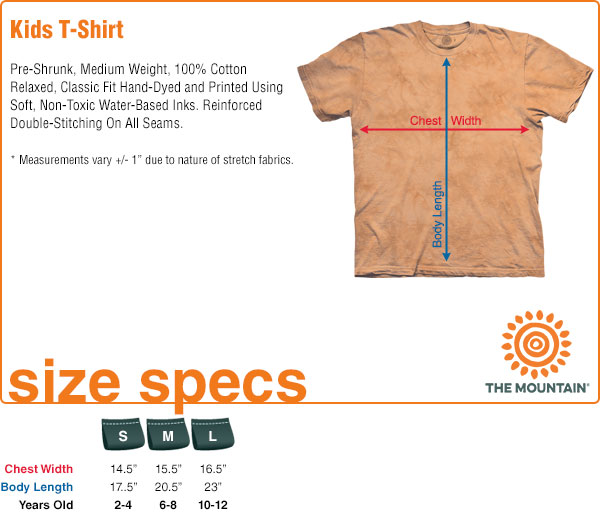 The Mountain Kids T-Shirt Size Specifications