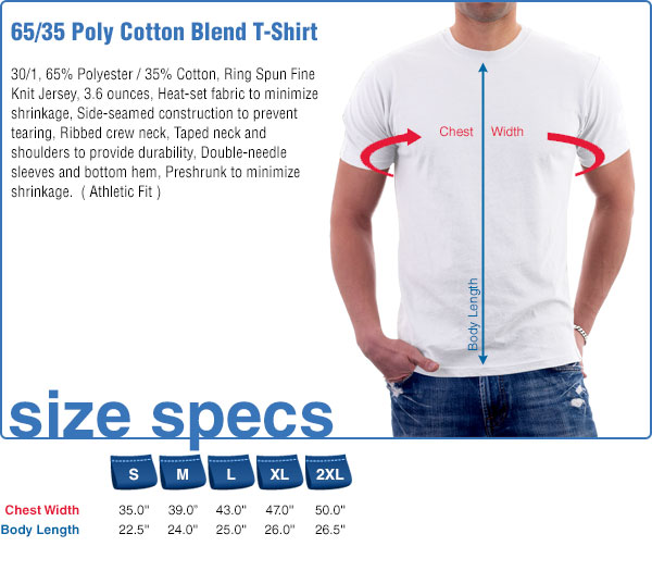 65/35 Poly Cotton Blend T-Shirt Size Specifications