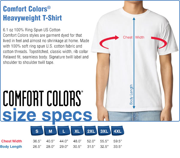 Comfort Colors T-Shirt Size Specifications
