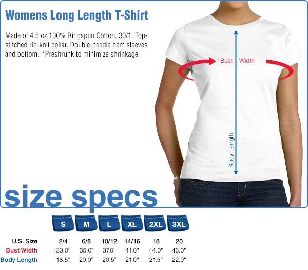 Womens Long Length T-Shirt Size Specifications