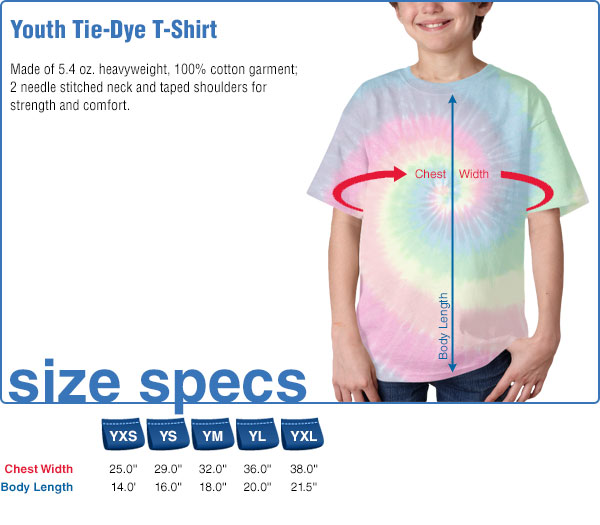 Youth Tie-Dye T-Shirt Size Specifications